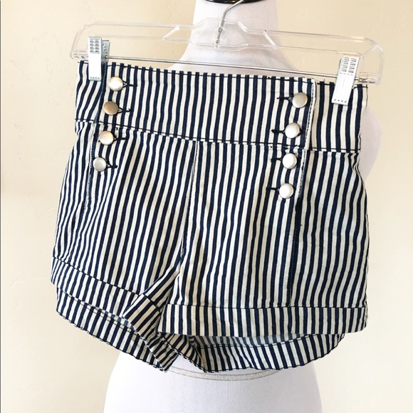 high waisted blue and white striped shorts